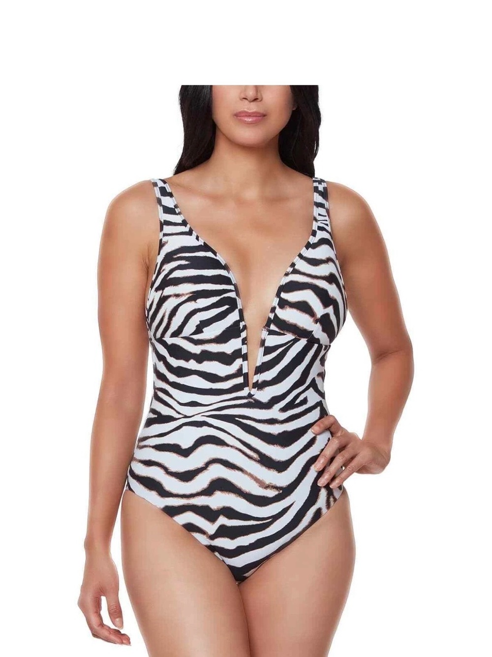 Bar III Black & White Zebra-Print V-Plunge One-Piece Swimsuit